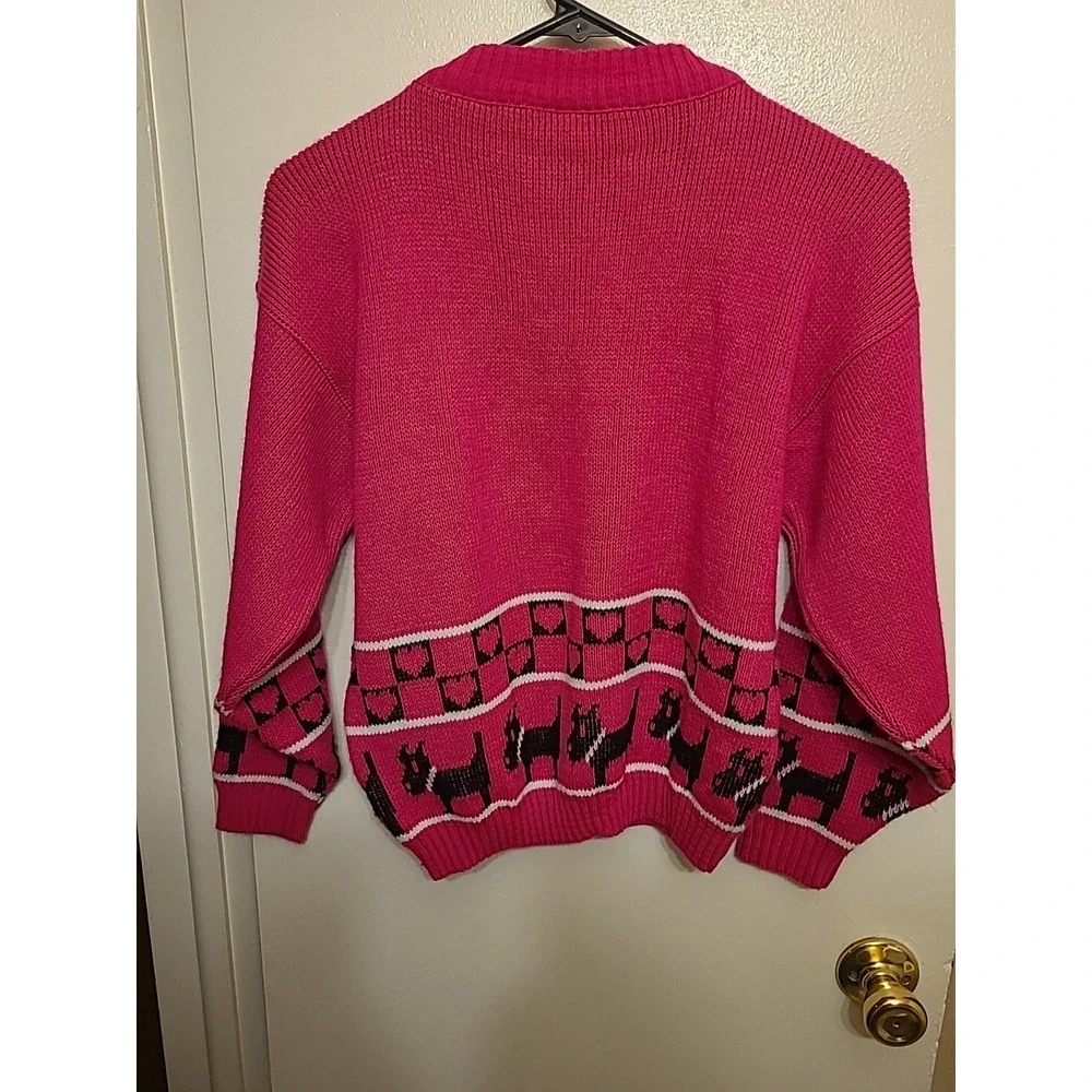 80s Vintage‎ Hot Pink Scottish Terrier Sweater With Hearts And Bows - Hot Fudge